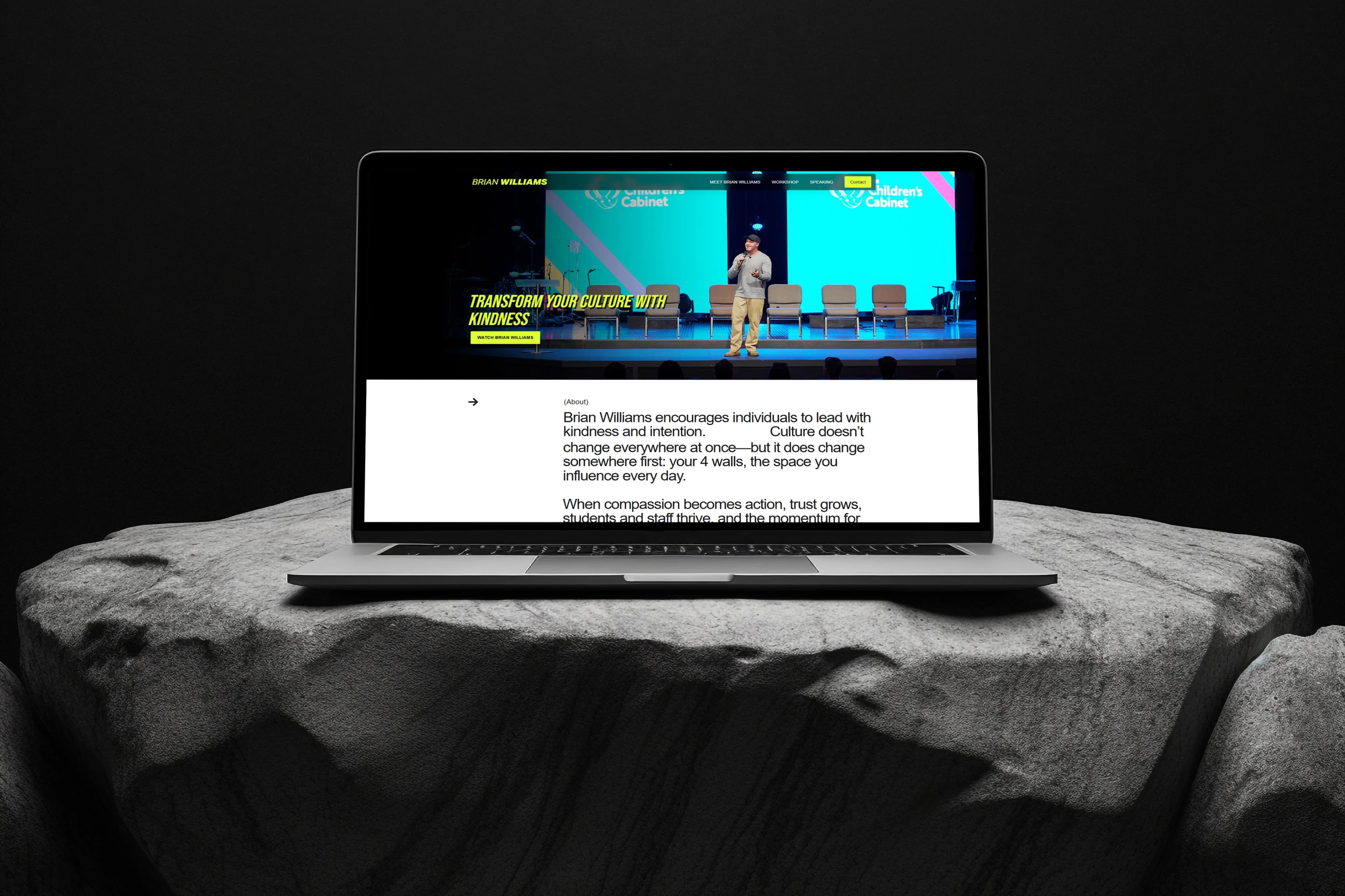 BW Speaks speaker website displayed on a laptop