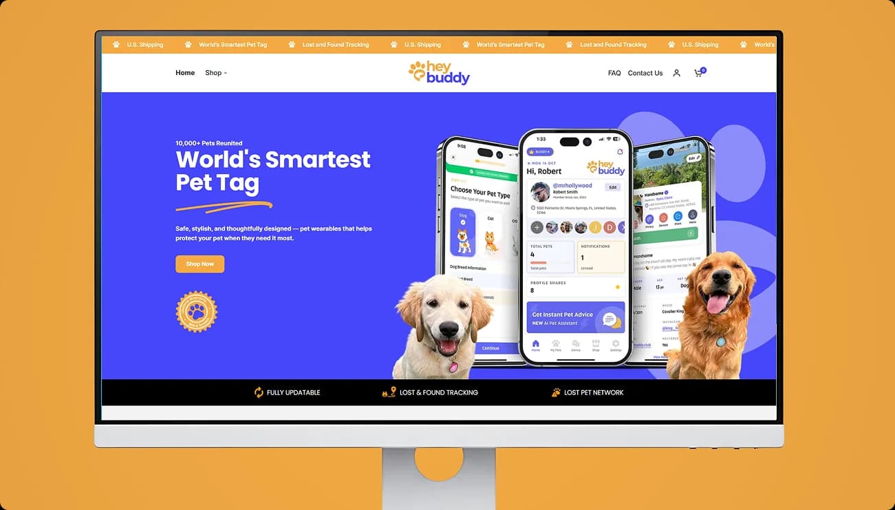 HeyBuddy Shopify store displayed on a desktop monitor