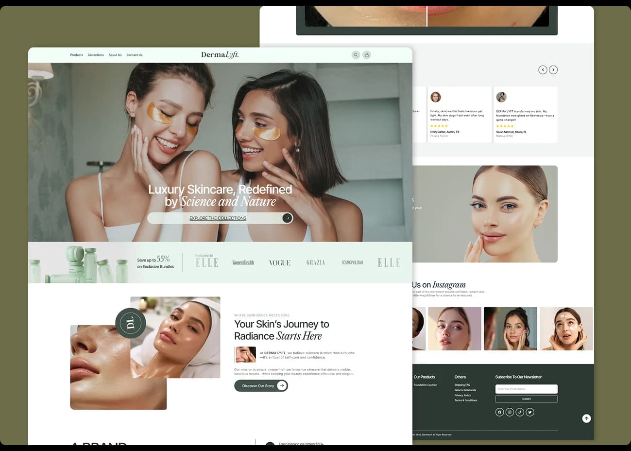Dermalyft Shopify homepage, reviews, and skincare photography