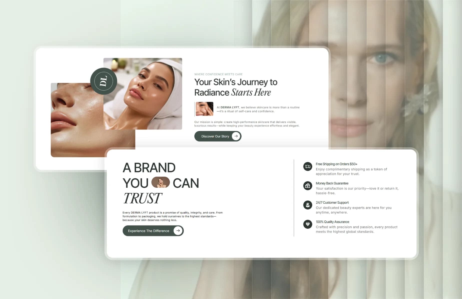 Dermalyft skincare story and trust-focused website sections