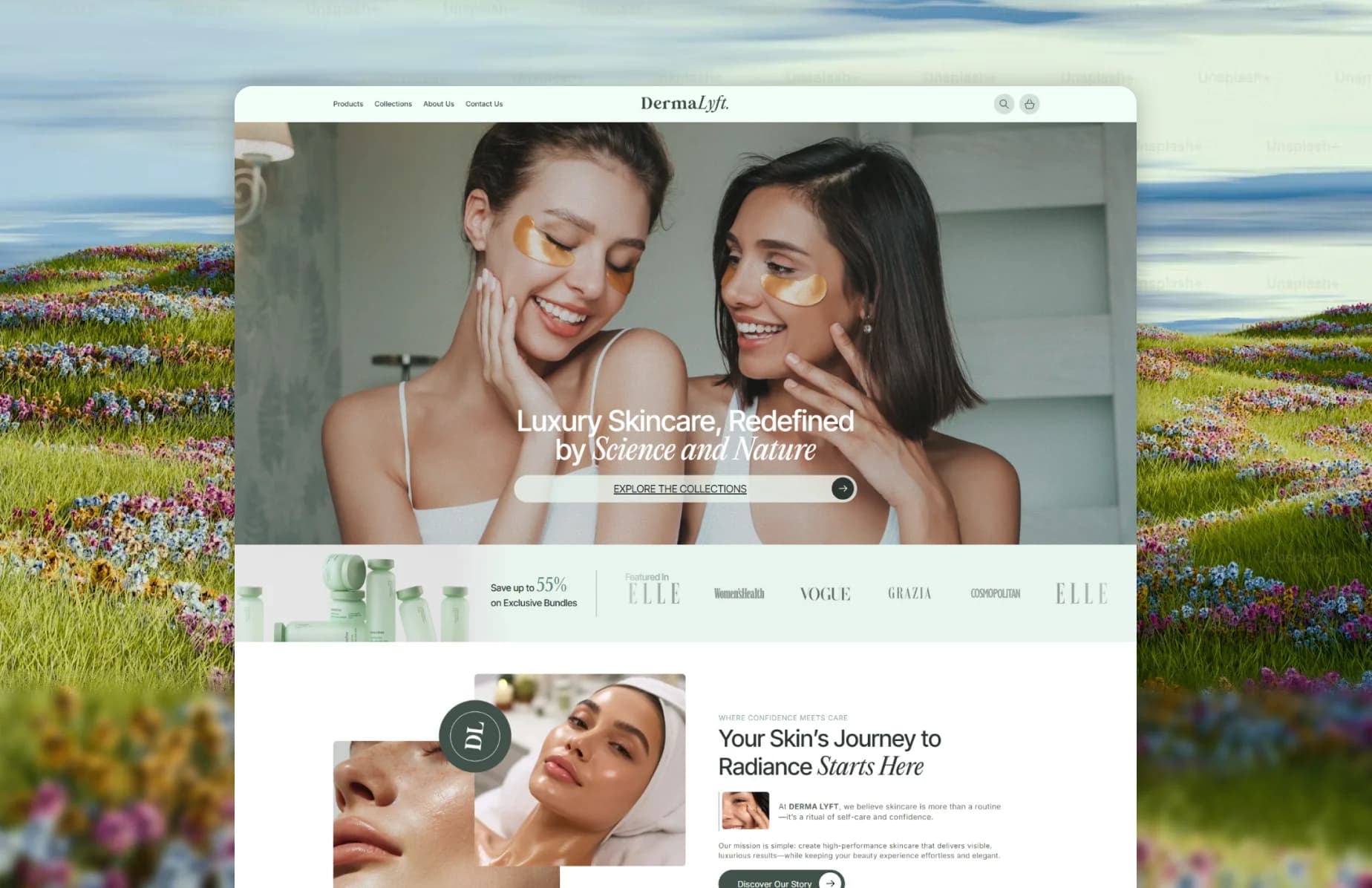 Dermalyft luxury skincare store homepage in a nature setting