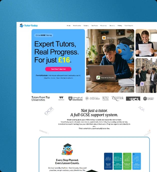 TutorToday website homepage and GCSE support system