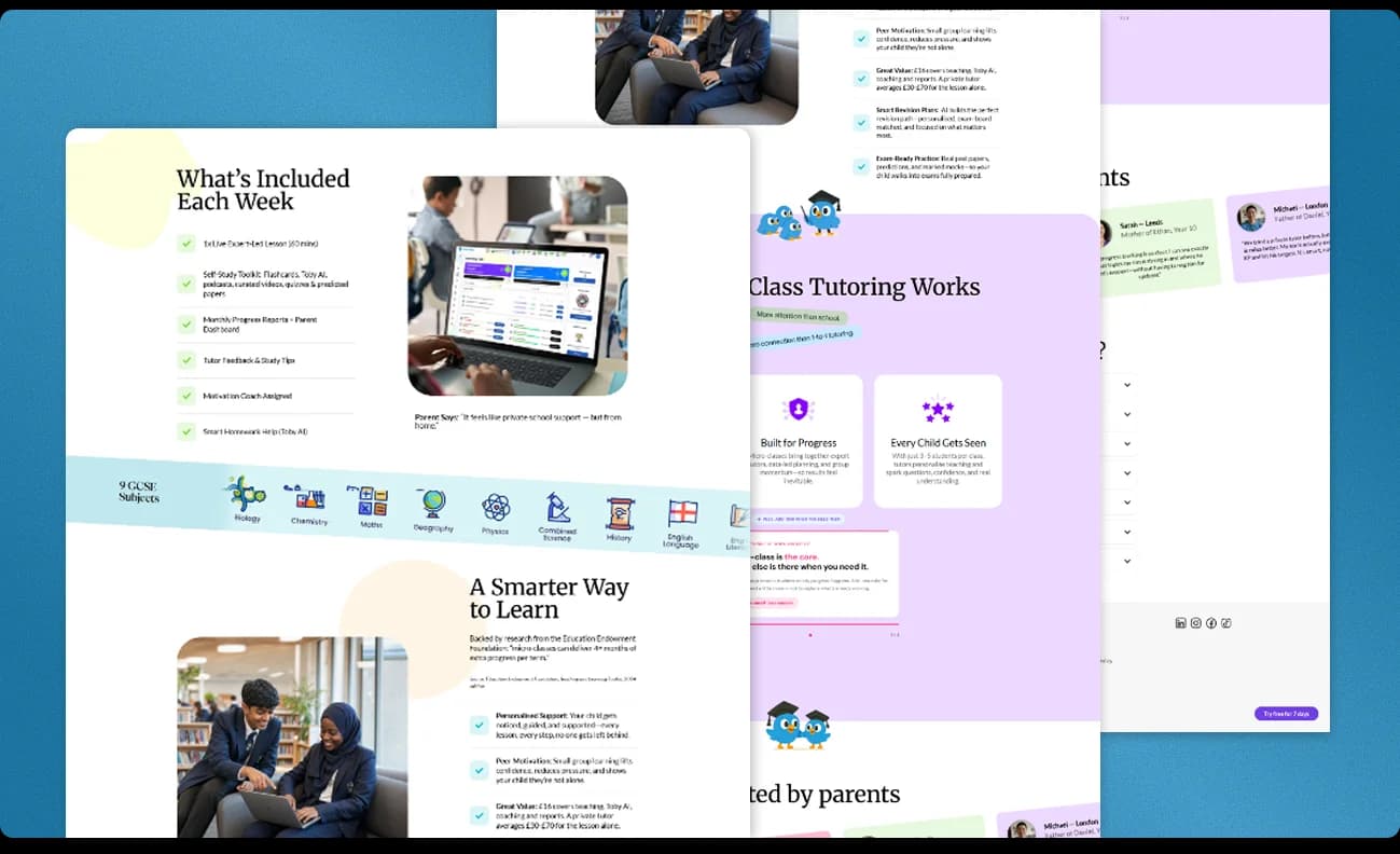 TutorToday micro-class tutoring and weekly support website pages