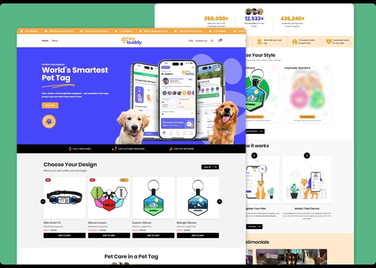 HeyBuddy Shopify homepage and pet tag product selection