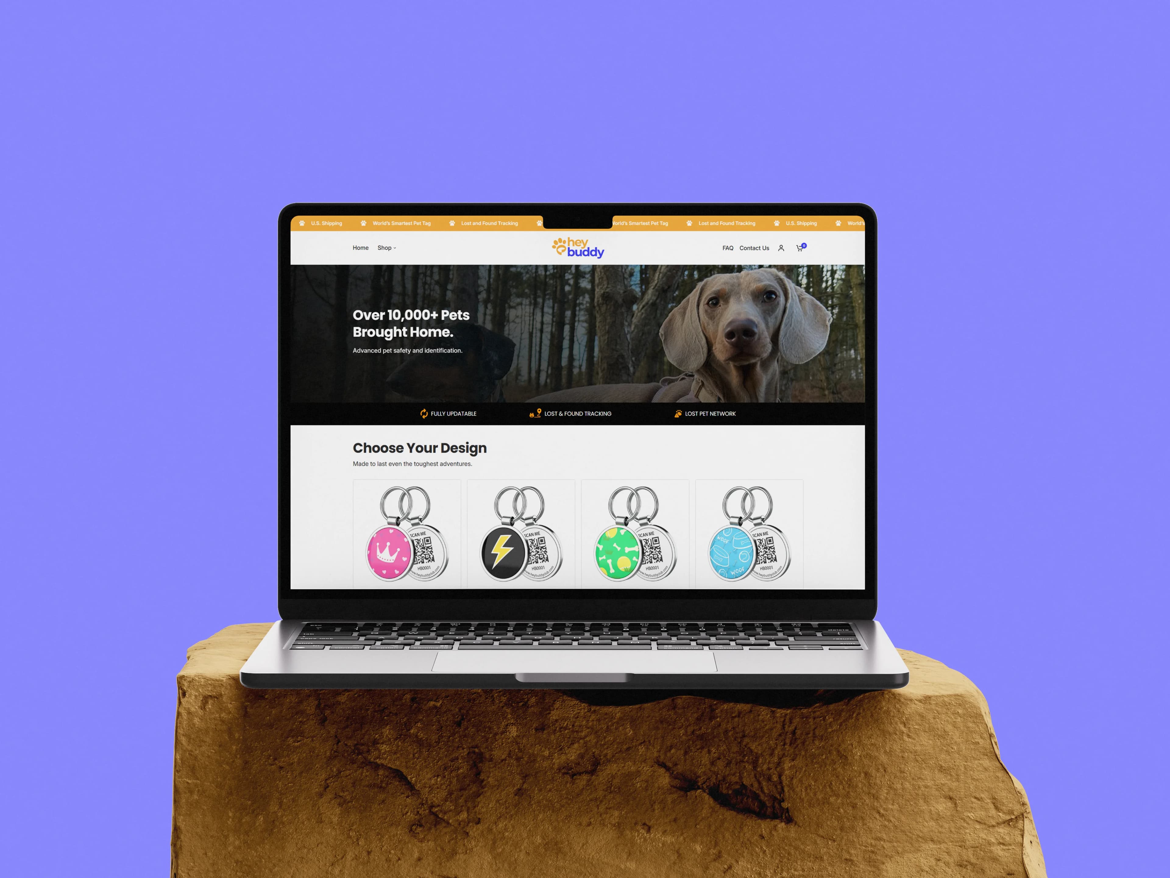 HeyBuddy Shopify pet tag store on a laptop