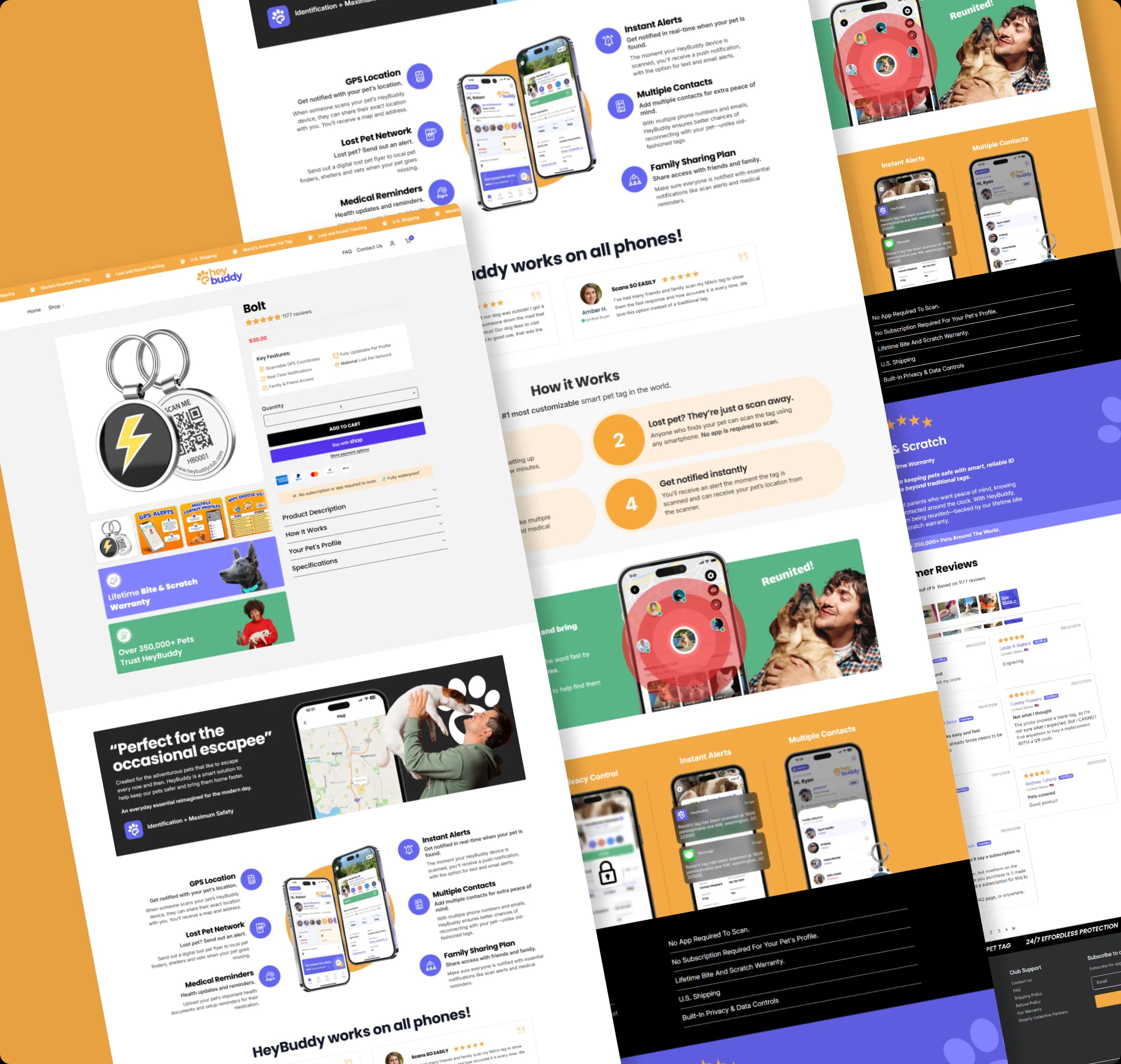 HeyBuddy product pages, QR tag features, and customer reviews