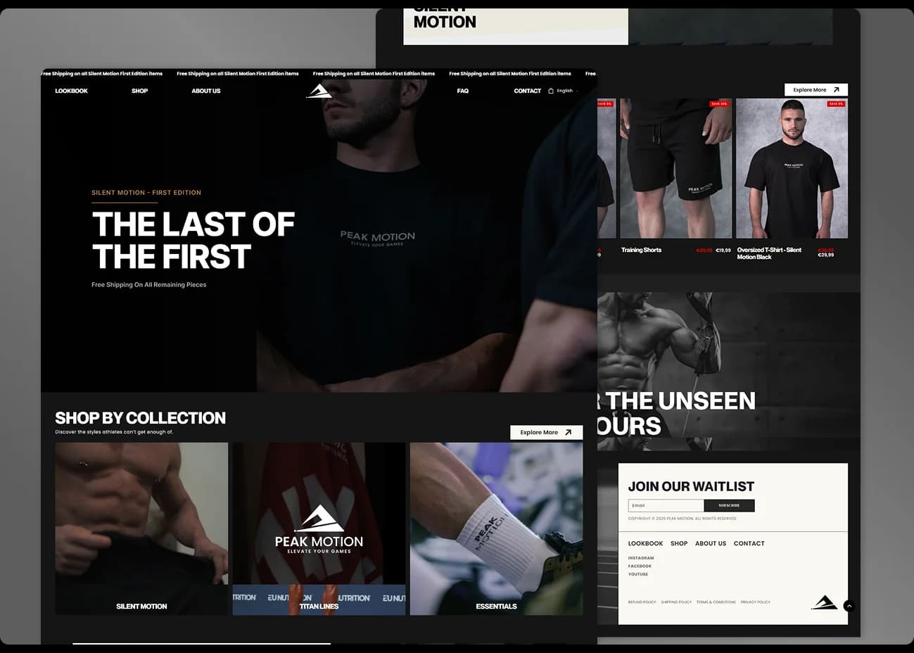 Peak Motion Shopify homepage, collections, and launch waitlist