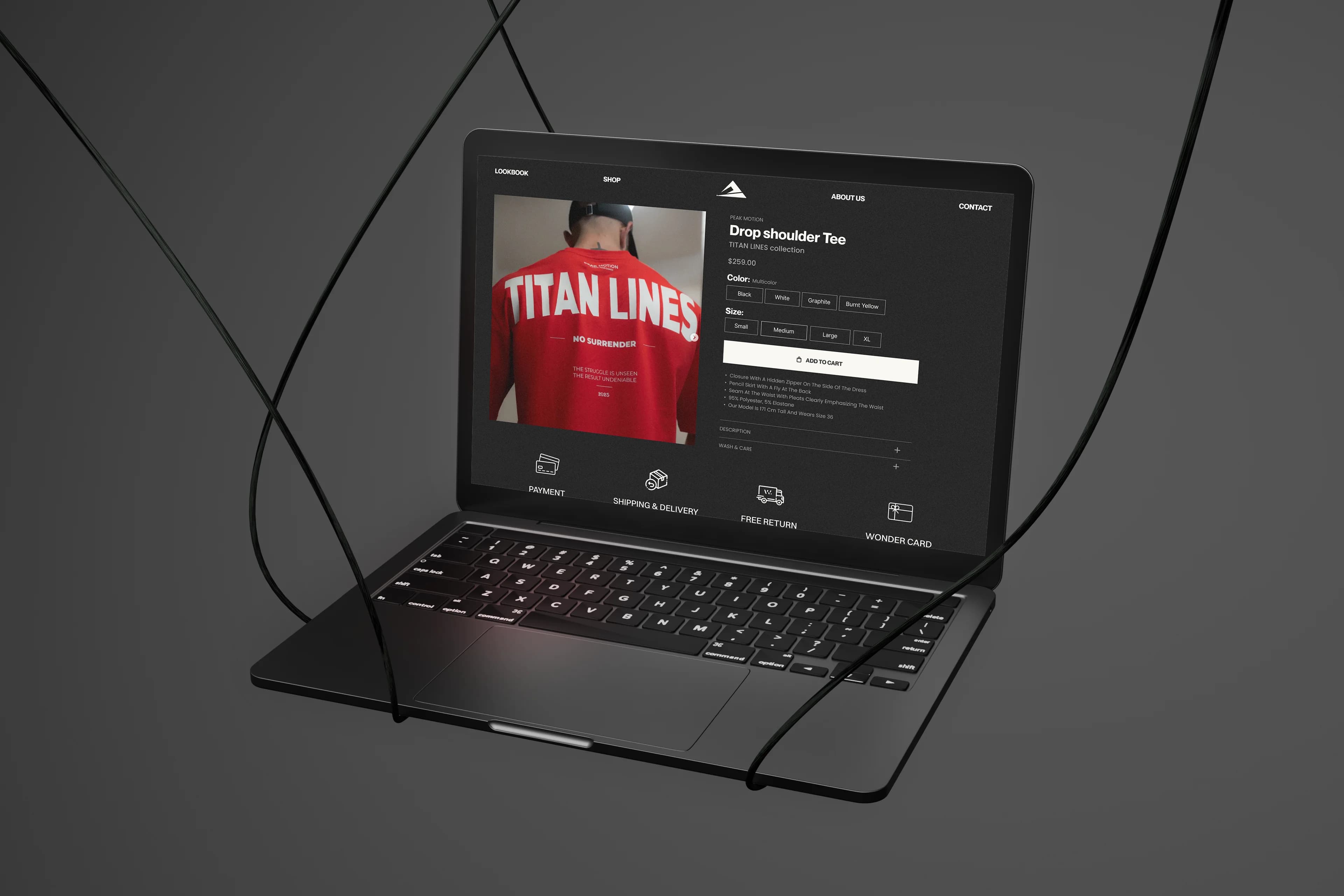 Peak Motion Shopify product detail page on a laptop