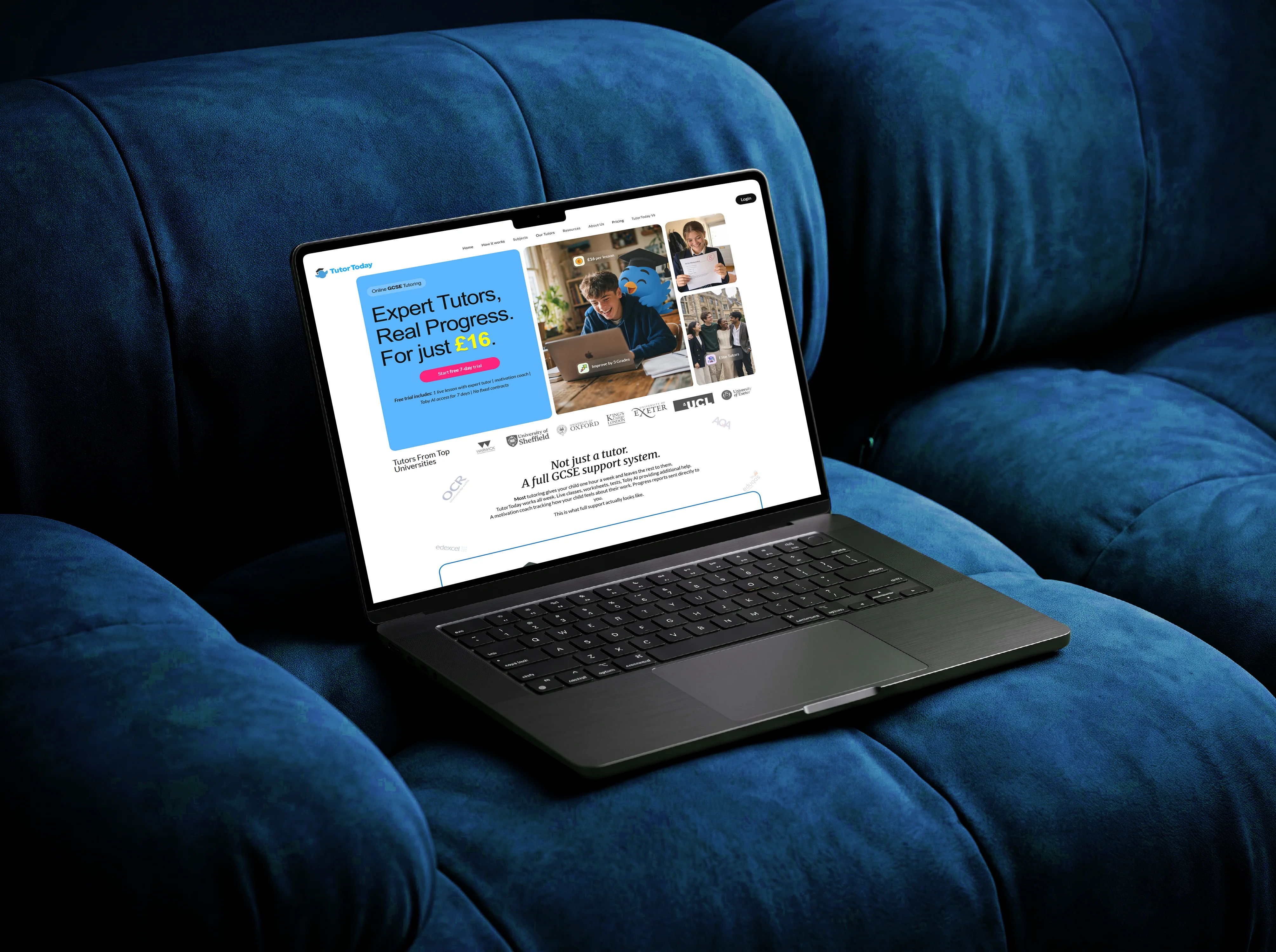 TutorToday website displayed on a laptop on a blue sofa