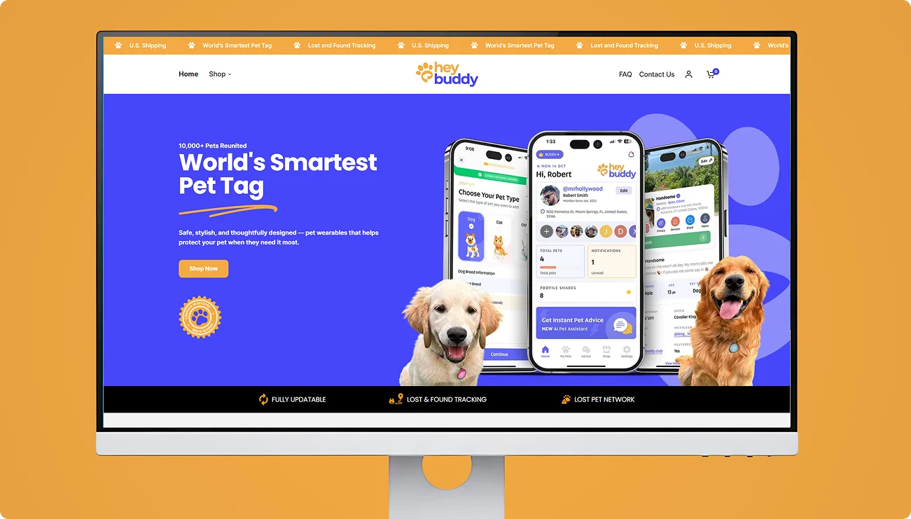 HeyBuddy Shopify store displayed on a desktop monitor